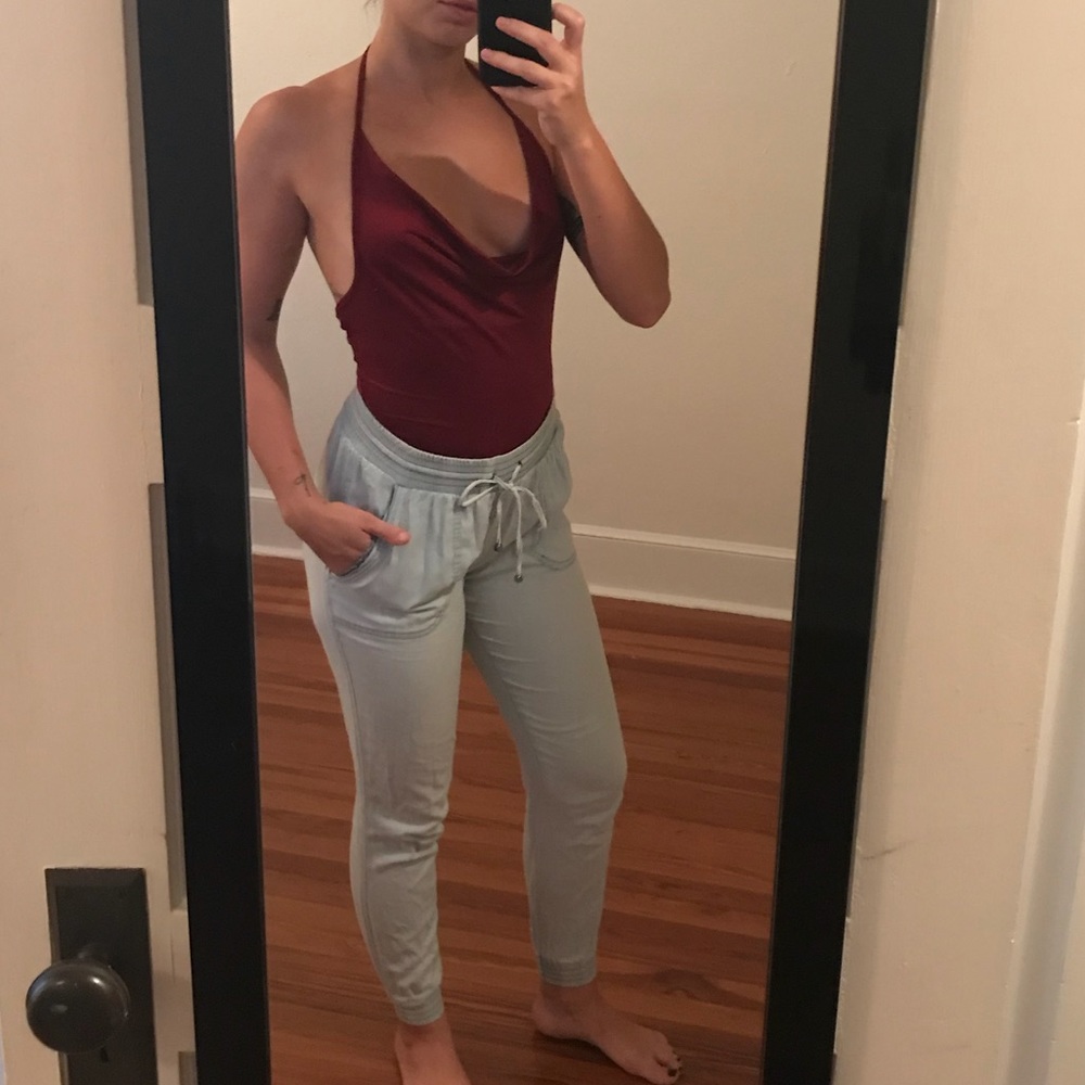 Red open back cowl neck bodysuit